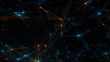Abstract Plexus Structure Of Many Glowing Lines And Particles. Blue And Orange Blurred Background With Digital Composition And Optical Flares. 3d Rendering