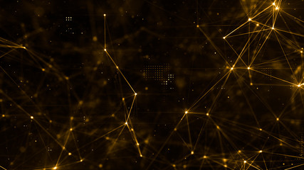 Fototapete - Abstract plexus structure of many glowing lines and particles. Orange blurred background with digital composition and optical flares. 3d rendering