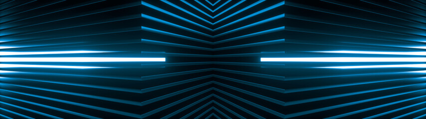 Geometric super wide background made of many blue metal shelves with glowing light behind. Abstract symmetric industrial structure. 3d rendering