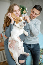 Young Couple With Beagle And Retro Car In Decorated Studio