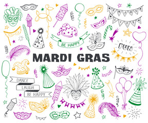 Hand drawn carnival objects set isolated on white background. Masqeurade design elements collection in line art style. Doodle carnival masks, feathers, firecrackers. Mardi grass traditional symbols.