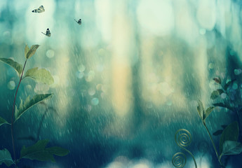 Wall Mural - Butterflies and plants in a mystical woods in rain