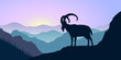 Mountains, alpine ibex and forest at sunrise. landscape with silhouettes