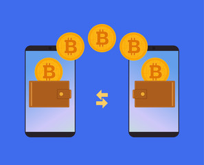 Wall Mural - Bitcoin transaction from phone to phone. Electronic web wallet. Crypto currency concept. Vector flat cartoon illustration