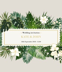 Wall Mural - wedding invitation, background with tropical leaves