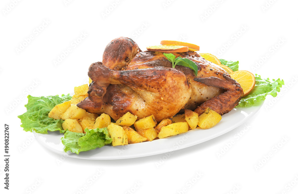 Plate with delicious whole roasted chicken on white background