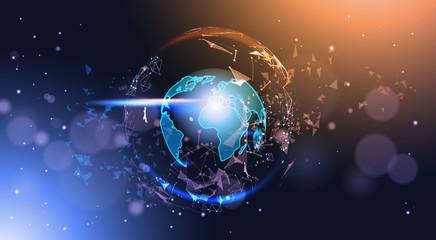 Poster - polygonal earth globe on bokeh background low poly geometrical world map glowing vector illustration
