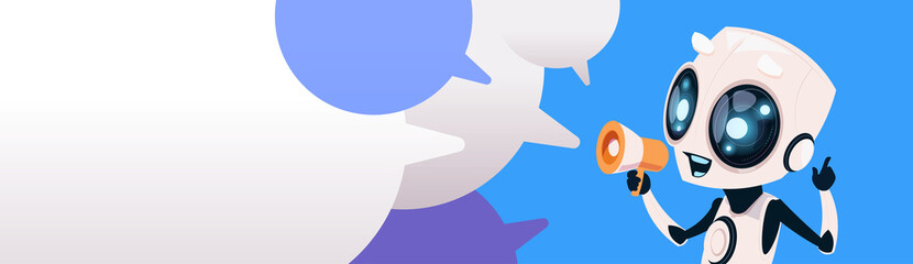 Poster - cute smiling robot chatbot holding megaphone over chat bubbles background horizontal bannner flat ve