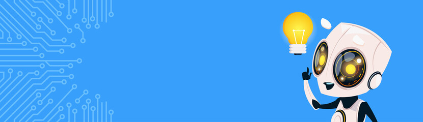Poster - cute robot hold light bulb chat bot over circuit background horizontal bannner with copy space flat 