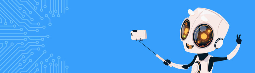Fototapete - Cute Robot Take Selfie Photo On Smart Phone Over Circuit Background Horizontal Bannner With Copy Space Flat Vector Illustration