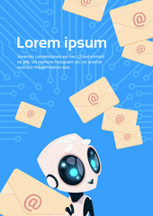 Poster - modern robot with email messages chat bot over circuit background with copy space flat vector illust
