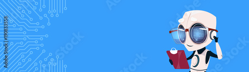 Fotografía Cute Smiling Robot Using Digital Tablet Chat Bot Over Circuit Background Horizon