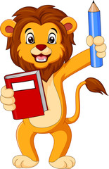 Canvas Print - Cartoon lion holding book and pencil