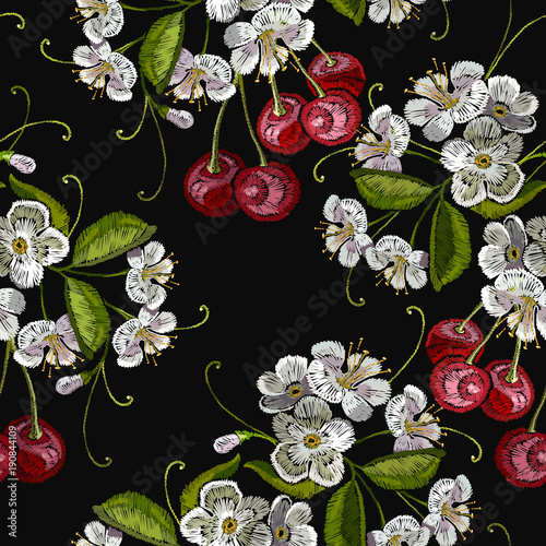 Embroidery Cherry Blossom Tree And Fruit Berry Seamless Embroidery Cherry Blossom Tree And Fruit Berry Seamless Pattern Template For Clothes Textiles T Shirt Design Vector