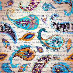 Poster - Manuscript vintage pattern with grunge elements Paisley. Seamless pattern in indian style.