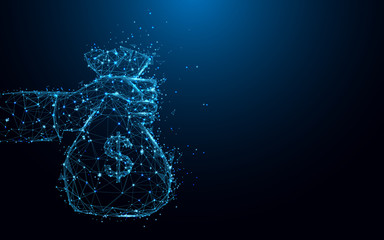 Aufkleber - Abstract hand holding a money bag form lines and triangles, point connecting network on blue background. Illustration vector
