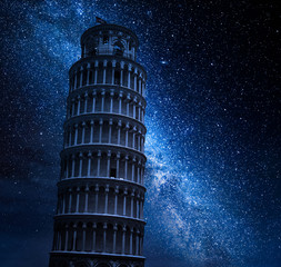 Wall Mural - milky way and leaning tower of pisa at night