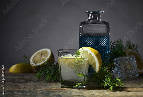 Fotografie, Obraz Cocktail with blue gin , tonic and lemon .