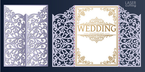 Wall Mural - Laser cut wedding invitation card template vector. Die cut paper card with lace pattern. Cutout paper gate fold card for laser cutting or die cutting template.