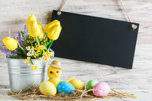Happy Easter. Congratulatory Easter Background. Easter Eggs And Chick.