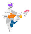 © Ilya - India regions business colorful map and points on white background. Infographic elements. North, west, east, central, south india. Easy to use on flyers banners or web. Vector illustration.