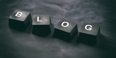Poster - word blog on keyboard keys on black background, banner, view from above. 3d illustration
