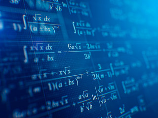 math concept - mathematical formulas on blue background. 3d rendering
