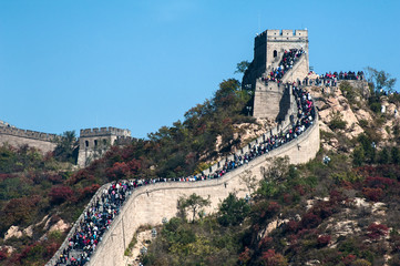 Crowd tourists visit Badaling Great Wall in autumn, Beijing