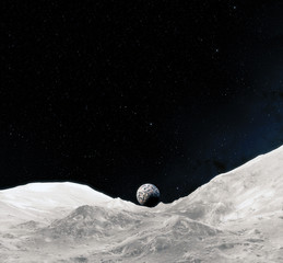 Wall Mural - moon surface. realistic 3d render of moon and space. space and planet. satellite. nebula. stars. ele