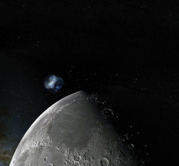 Wall Mural - moon surface. realistic 3d render of moon and space. space and planet. satellite. nebula. stars. ele