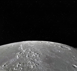 Wall Mural - moon surface. realistic 3d render of moon and space. space and planet. satellite. nebula. stars. ele