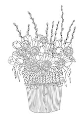 Hand drawn bouquet with tulips. Sketch for anti-stress adult coloring book in zen-tangle style. Vector illustration for coloring page, isolated on white background.