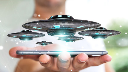 Poster - Businessman with retro UFO spaceship 3D rendering