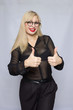 Beautiful sexy pretty girl wear black suit blouse and pants lady boss business woman skin tan long blonde hair party style fashion clothes, glasses accessories