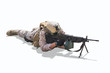 military army soldier lies prone on a firing Machine Gun M249 isolated on white