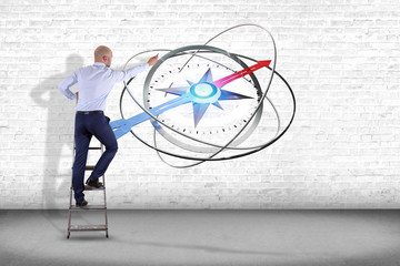 Poster - Businessman in front of a wall with compass navigation - 3d render