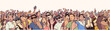 Stylized illustration festival crowd at live concert partying and having fun in color panorama