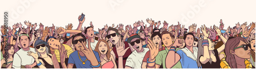 Fotomural Stylized illustration festival crowd at live concert partying and having fun in