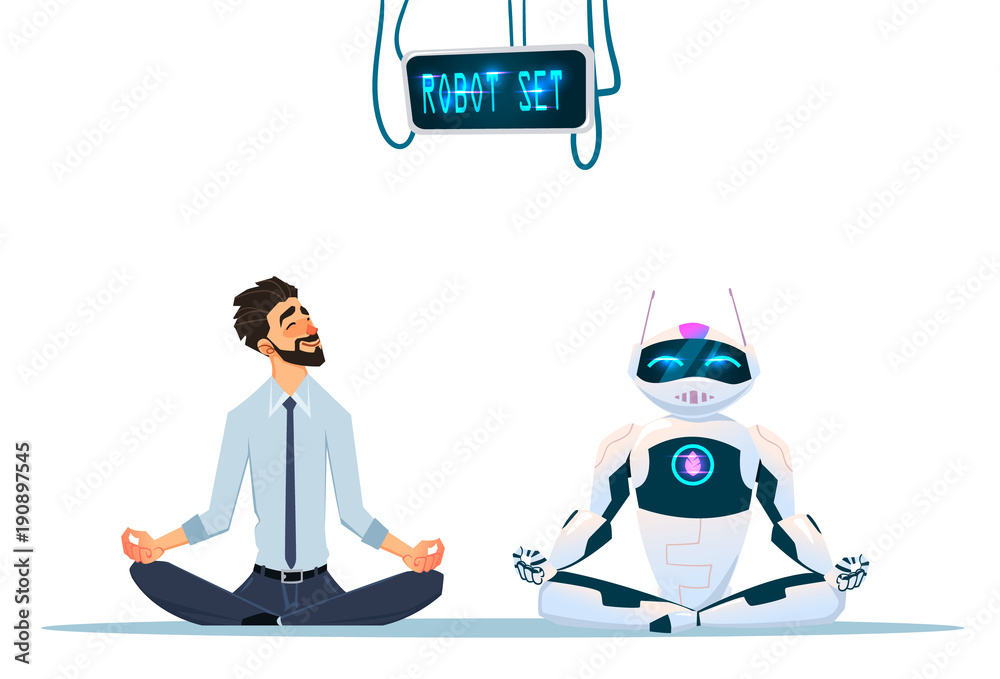 Robot Rested Human Human and robot meditation. Modern robot influence in human life ...