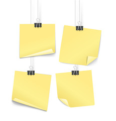 Poster - Yellow paper stickers on hooks vector illustration. Objects on transparent background