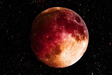 Super Blue Bloody Moon In The Galaxy Background. Science And Planet Concept. Full Moon And Horror Scene Theme. Red Moon