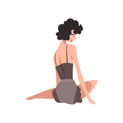 Wall Mural - Back view of sitting fashion model in black vintage lingerie. Sexy woman in retro pin-up underwear. Cartoon sensual girl with black curly hair. Flat vector design