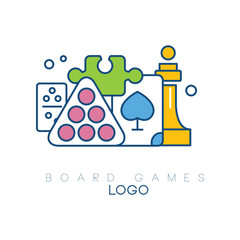 Poster - Abstract logo design with board games. Modern linear emblem with colorful fill. Billiard balls, chess piece, puzzle, domino and playing card. Creative vector design