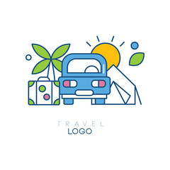 Sticker - Creative hobby logo template for travel blog. Emblem with car, palm tree, sun and suitcase. Linear icon with blue, green and yellow fill. Original vector illustration