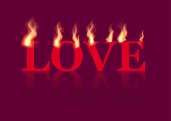 Wall Mural - Word Love with flames on the violet background. Vector illustration.