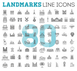 simple linear vector icon set representing global tourist landmarks and travel destinations for vaca