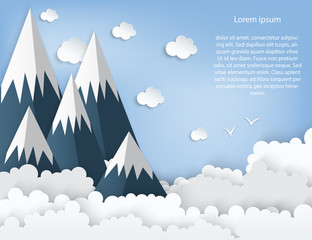 Sticker - Paper art origami mountains with snow, white fluffy clouds, blue sky, birds. Landscape with high mountains. Illustration of nature landscape and concept of travelling.