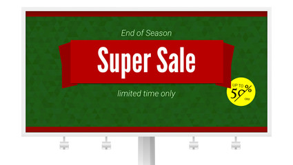 Poster - Super Sale ad with fifty percent discount on white billboard. Horizontal poster for advertising events of holiday sales on backdrop from triangles.