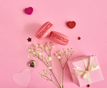 Valentines Day Background With A Lot Of Different Hearts, Macaroons And Gift Box Over Pink Background. Space For Text