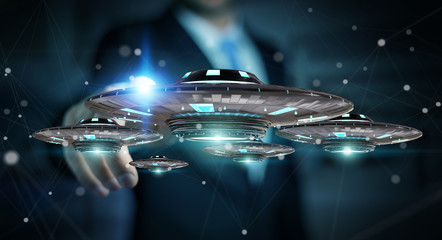 Poster - Businessman with retro UFO spaceship 3D rendering